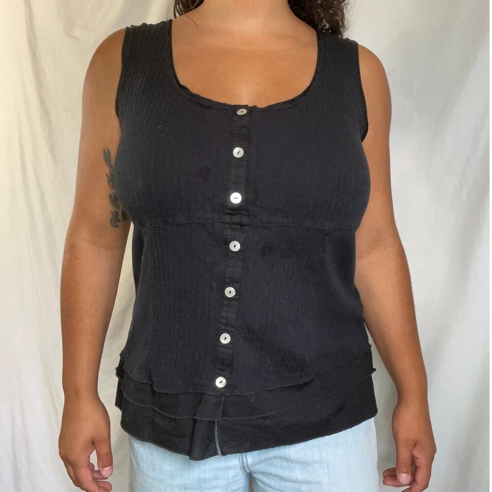 Vintage Black Ribbed Tank | Button Up Cotton Top | Size Medium